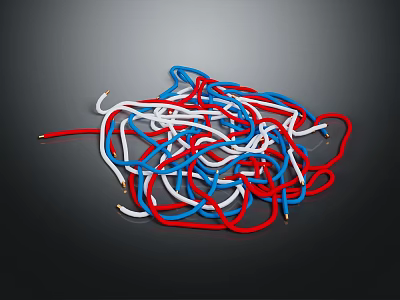 Messy Tangled Red Blue White Electrical Wires Pile on Dark Surface 3d model