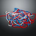 Messy Tangled Red Blue White Electrical Wires Pile on Dark Surface