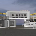 Modern White Container Building Cafe with Terrace Umbrellas and Glass Windows