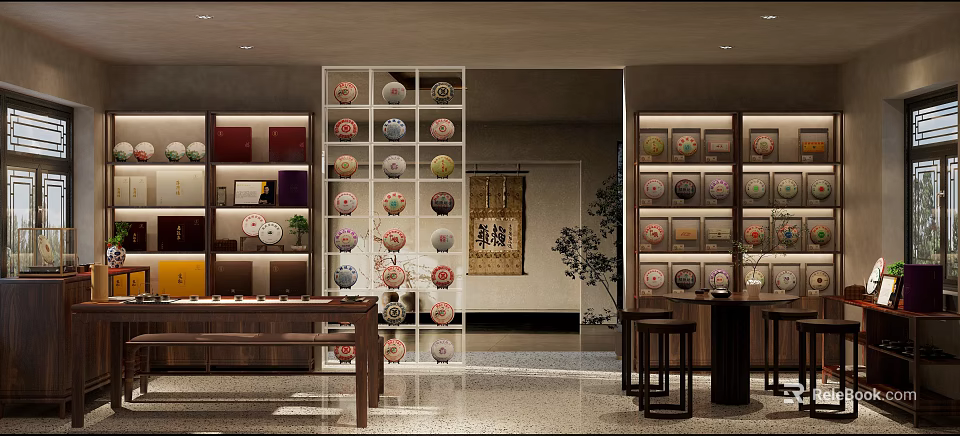 Traditional Teahouse Interior With Tea Set Display Shelves Wooden Tables Calligraphy Art And Decorative Plants 3d model 