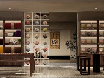 Traditional Teahouse Interior With Tea Set Display Shelves Wooden Tables Calligraphy Art And Decorative Plants 3d model