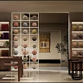 Traditional Teahouse Interior With Tea Set Display Shelves Wooden Tables Calligraphy Art And Decorative Plants