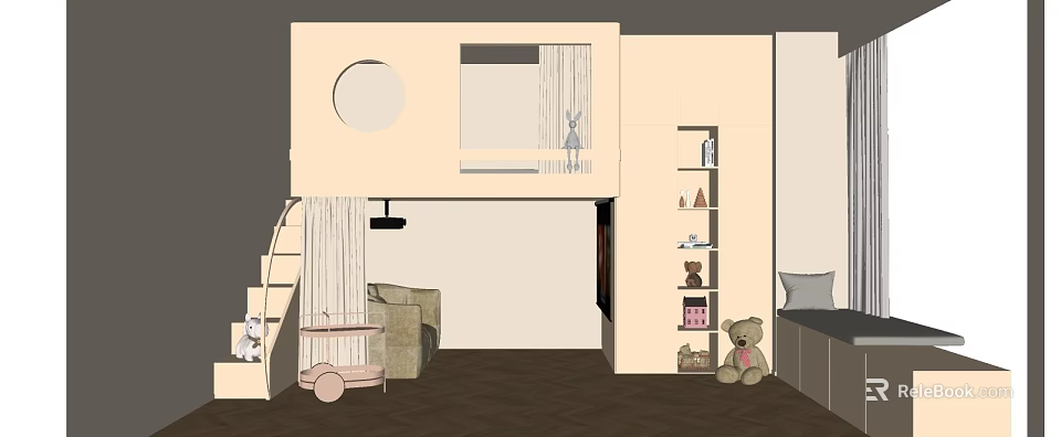 Kids Room Bunk Bed Design With Staircase Round Window Bookshelf And Toys 3d model 