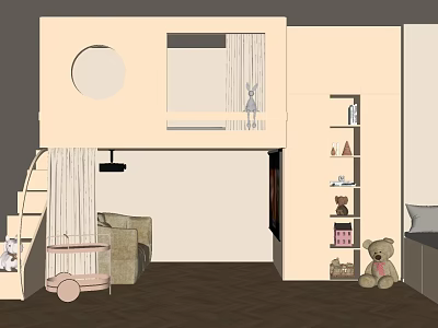 Kids Room Bunk Bed Design With Staircase Round Window Bookshelf And Toys 3d model