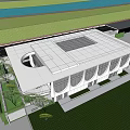 Modern Large Building With White Exterior Curved Windows Sloped Roof And Trees Around