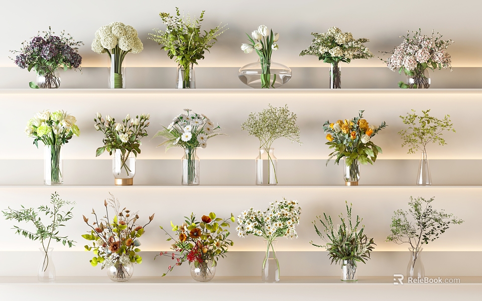 Various Decorative Flower Vases With Mixed Flowers And Greenery On Illuminated Shelves 3d model 