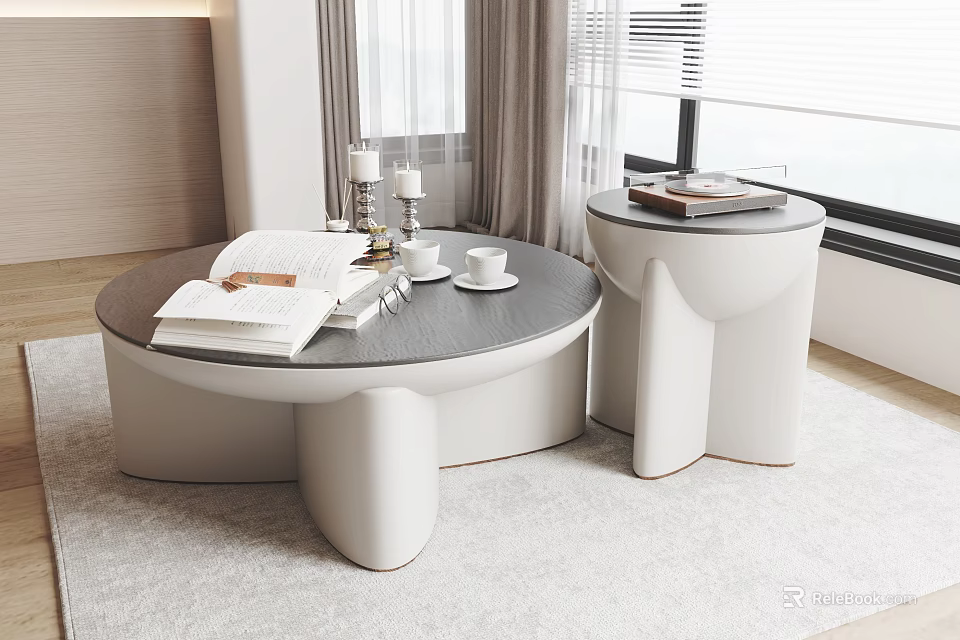 Modern Round Coffee Tables With Gray Surface Unique Design Books Cups And Candles By Window 3d model 
