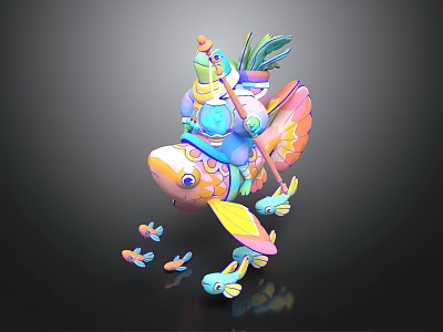 Colorful Character Riding Vibrant Fish Creature With Feather Staff And Small Fish 3d model