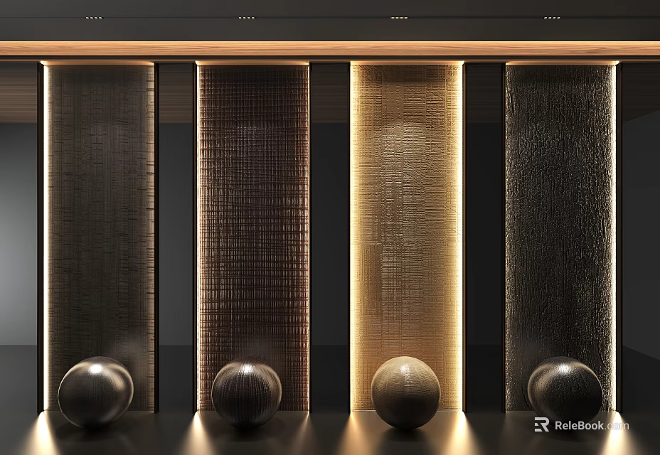 Textured Interior Background Wall With Dark And Light Tones Built-in Lighting And Decorative Spheres 3d model 