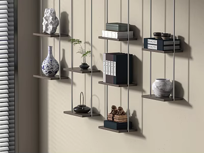 Minimalist Black Floating Wall Shelves With Decorative Vases Books And Small Ornaments 3d model