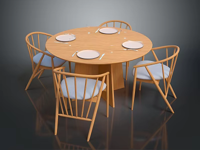 Modern Round Dining Table With Four Chairs And Plates On Top 3d model