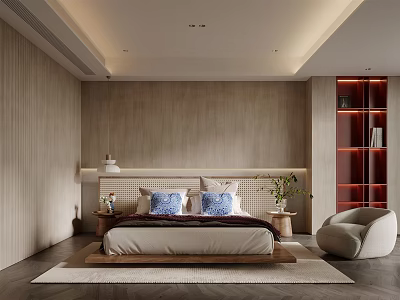 Modern Bedroom Interior Design With Wooden Walls Large Bed Blue Pillows And Red LED Shelves 3d model