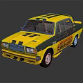 Vintage Yellow Taxi with Colorful Graphics and Striped Design on Dark Background