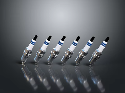 Six Spark Plugs With Silver Metal Black Tops Blue Stripes Neatly Arranged With Reflections 3d model