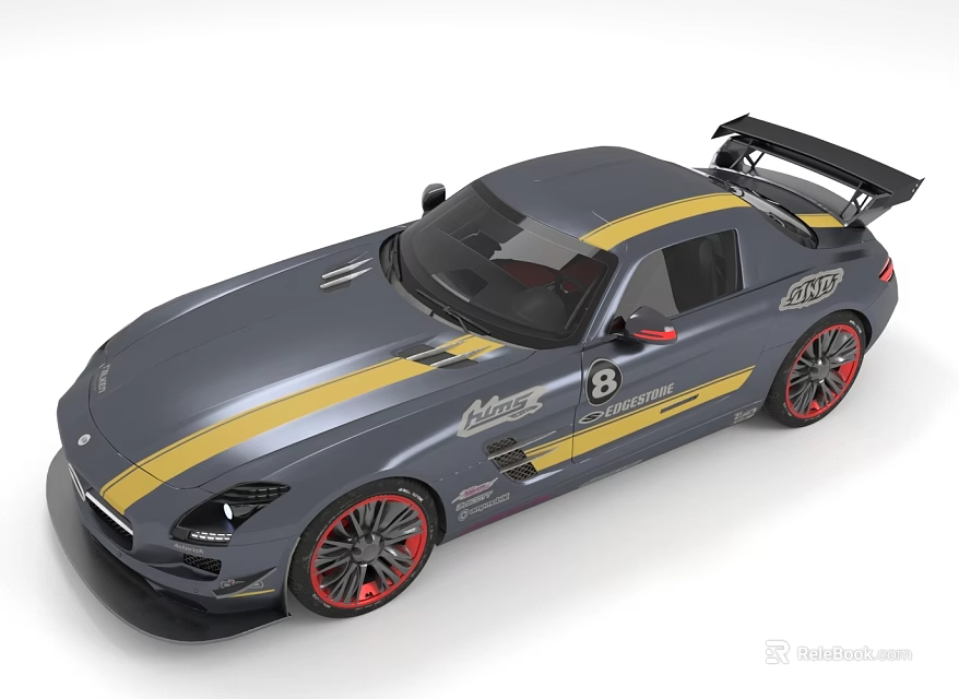 Gray AMG Sports Car With Yellow Stripe Red Wheels And Rear Spoiler 3d model 
