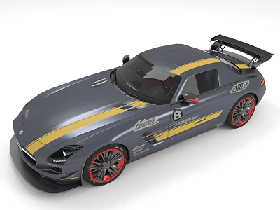 Gray AMG Sports Car With Yellow Stripe Red Wheels And Rear Spoiler 3d model