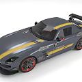 Gray AMG Sports Car With Yellow Stripe Red Wheels And Rear Spoiler