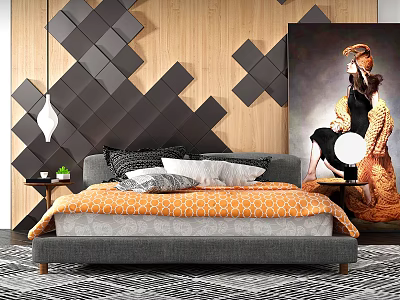Background Double Bed With Grey Frame Orange Quilt Black White Pillows And Geometric Wooden Wall 3d model