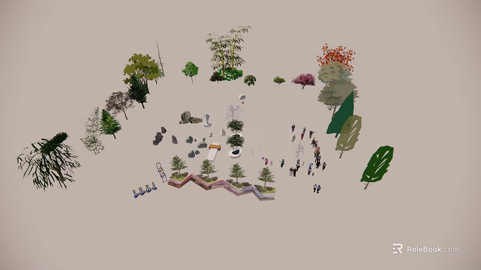 Garden Ornament With Various Trees Plants Stone Decorations And Winding Pathways 3d model