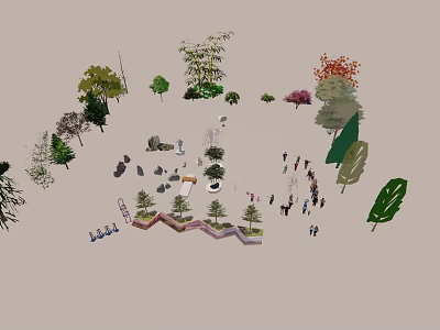 Garden Ornament With Various Trees Plants Stone Decorations And Winding Pathways 3d model