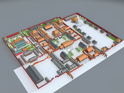 Ancient Chinese Architecture Traditional Courtyard Layout With Red Walls And Orange Tiled Roofs 3d model