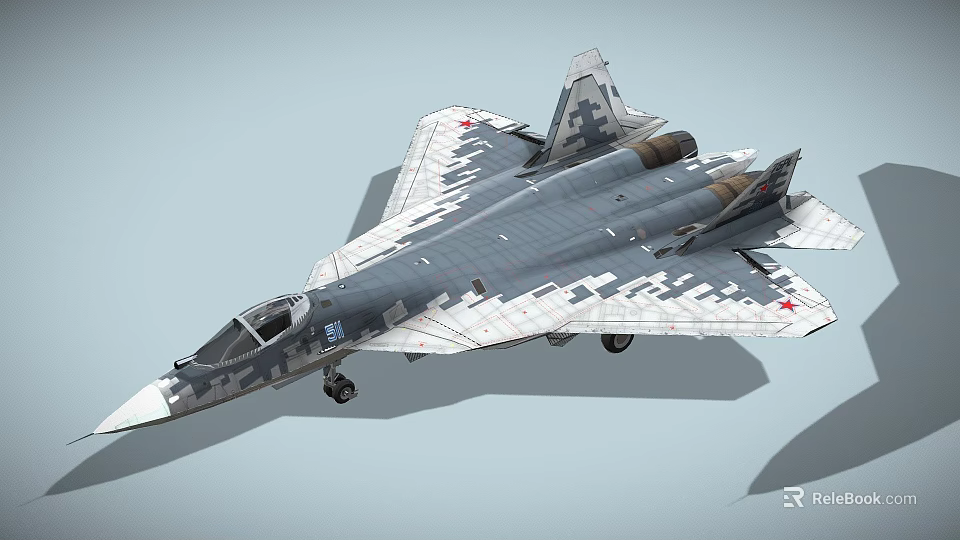 Military Fighter Jet With Camouflage Paint Red Star Emblem And Streamlined Fuselage 3d model 