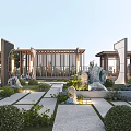 Decorative Rockery Stones In Traditional Chinese Courtyard With Lush Plants And Pathway
