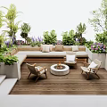 Outdoor Sofa Seating Area With Wooden Deck Lush Green Plants Fire Pit And Accent Chairs