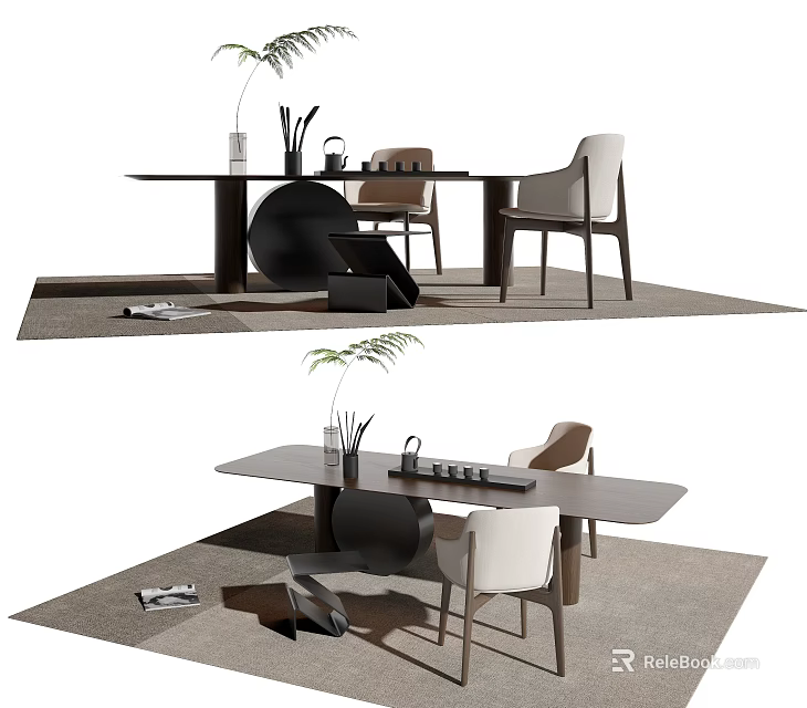 Modern Wooden Tea Table And Chairs With Light Colored Design Decorative Plant Vase 3d model 