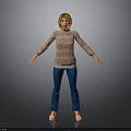 A Woman in Patterned Sweater Blue Pants Brown Shoes with Arms Outstretched Against Gray Background