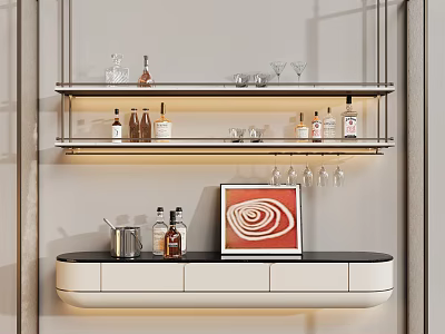 Modern Minimalist Suspended Wine Rack With Wine Bottles Glasses Below Cabinet And Artwork 3d model