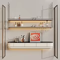 Modern Minimalist Suspended Wine Rack With Wine Bottles Glasses Below Cabinet And Artwork