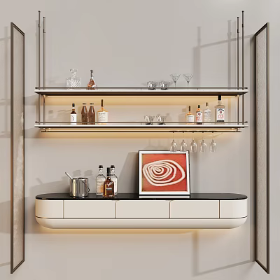 Modern Minimalist Suspended Wine Rack With Wine Bottles Glasses Below Cabinet And Artwork 3d model