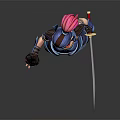 Game And Movie Character With Pink Hair Helmet Blue Armor Holding Flame And Sword