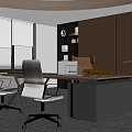 Modern Office Interior Featuring Executive Desk Ergonomic Chairs Wooden Bookshelf Large Windows And Golden Ornament