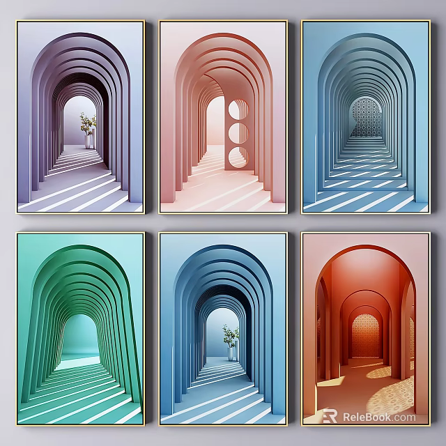 Colorful Abstract Archway Art Prints With Light Shadow And Plant Decor 3d model 