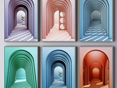 Colorful Abstract Archway Art Prints With Light Shadow And Plant Decor 3d model