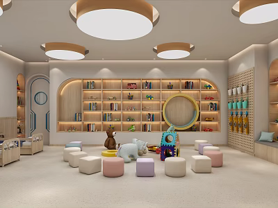 Modern Preschool Interior With Toys Bookshelves And Stools 3d model