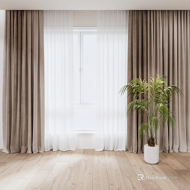 Elegant Brown And White Curtains With Sheer Layers And Green Potted Plant On Wooden Floor 3d model 