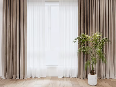 Elegant Brown And White Curtains With Sheer Layers And Green Potted Plant On Wooden Floor 3d model