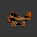 Wooden Biplane Model With Orange Brown Color Propeller And Wheels On Dark Background With Reflections