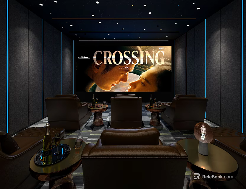 Modern Home Theater Room Interior With Large Projector Screen Comfortable Leather Seats And Ambient Lighting 3d model 