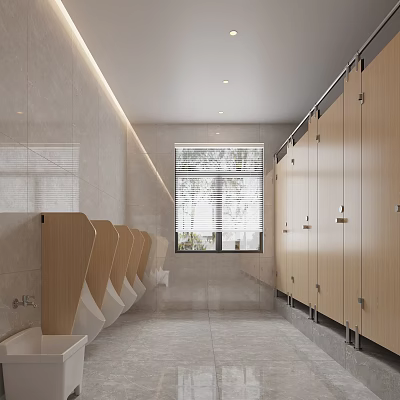 Modern Public Restroom Interior With Wooden Stalls Tile Walls Window With Blinds And Urinals 3d model