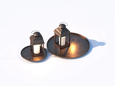 Vintage Metal Lanterns with Glass Shades and Candles on Round Trays for Home Decor 3d model