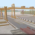 Industrial Factory Plant Outdoor Yard With Yellow Cranes Buildings Stacked Materials And Ground Warning Stripes
