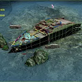 Sunken Ship Wreckage On Ocean Floor With Rocks And Divers Exploring 3d model