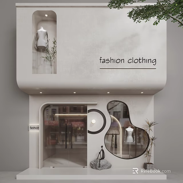 Fashion Clothing Storefront With Modern Glass Windows Mannequin And Green Plants Decor 3d model 