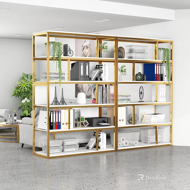 Golden Frame Shelving Unit With Books Folders Green Plants And Decorations In Modern Living Room 3d model 