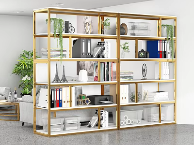 Golden Frame Shelving Unit With Books Folders Green Plants And Decorations In Modern Living Room 3d model