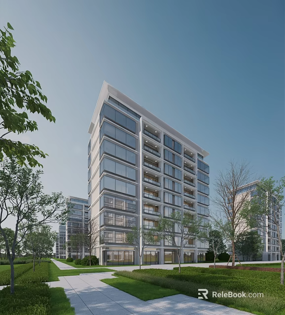 Modern High Rise Residential Building With Glass Curtain Walls And Lush Green Surroundings 3d model 